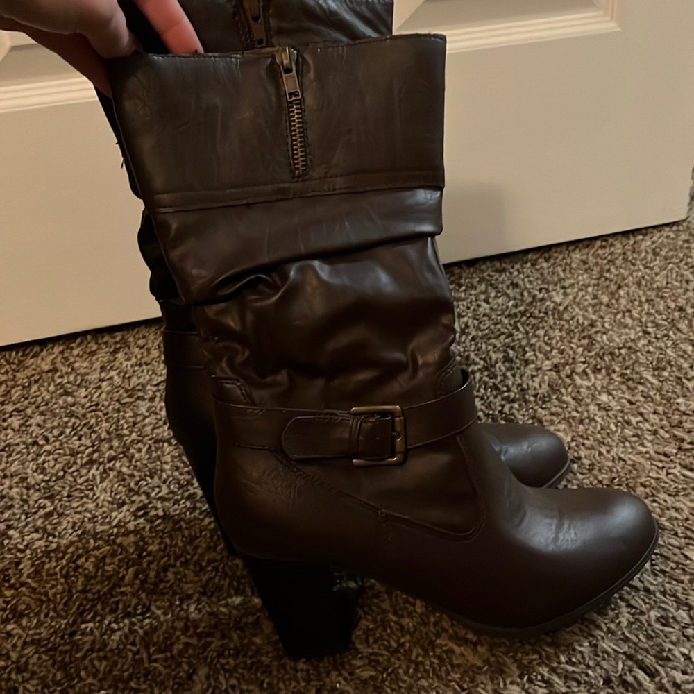 Heeled, tall brown boots